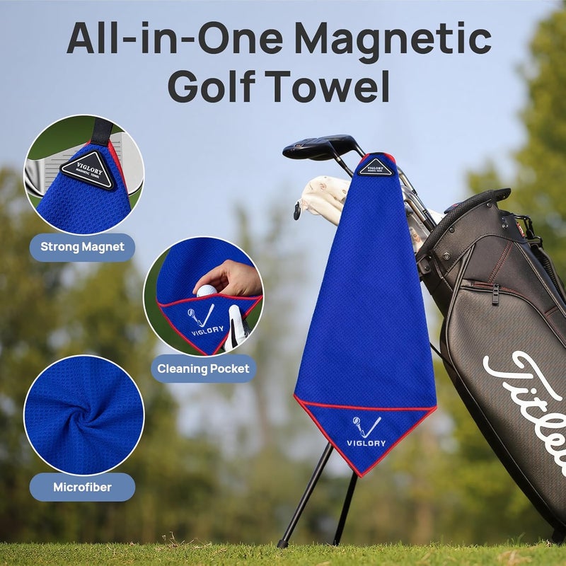 VIGLORY Magnetic Golf Towel - Exclusive Cleaning Pocket–18"x18"–Strong Magnet for Golf Cart or Clubs, Spot-Clean Design, Ultra Absorbent Waffle Microfiber–Golf Accessories & Gift for Men(Blue 1 Pack) - Image 2
